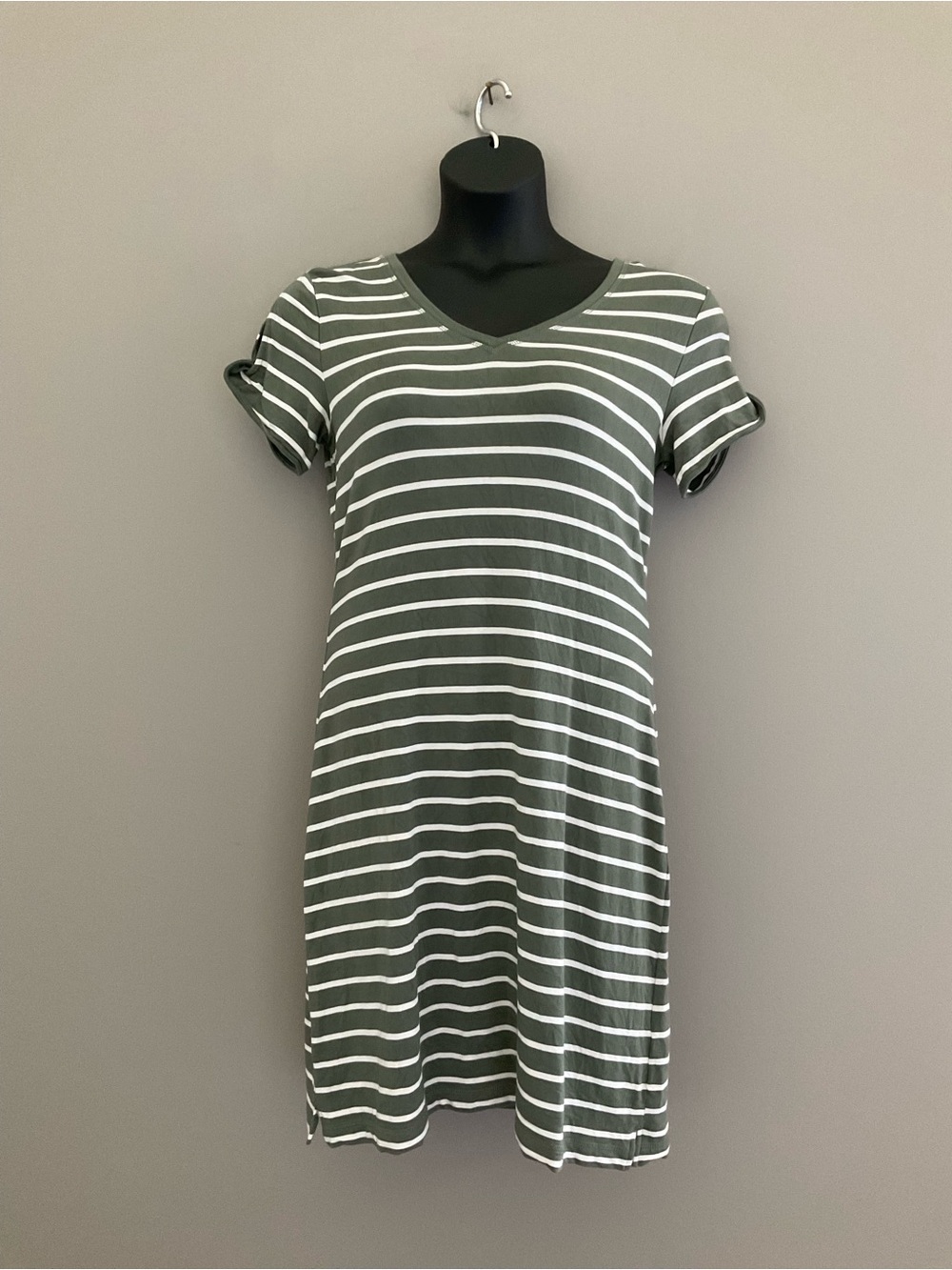 T by Talbots, Striped V-Neck Short Sleeve Dress - Olive/White
